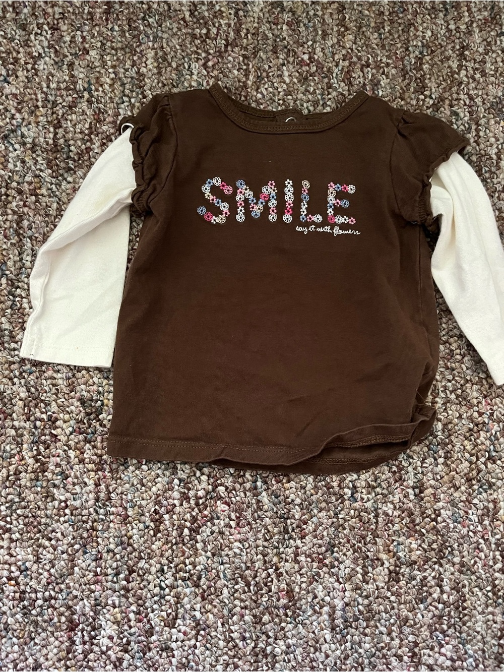 Carter's Brown Tee with Cream Layered-Look Sleeves & Floral SMILE